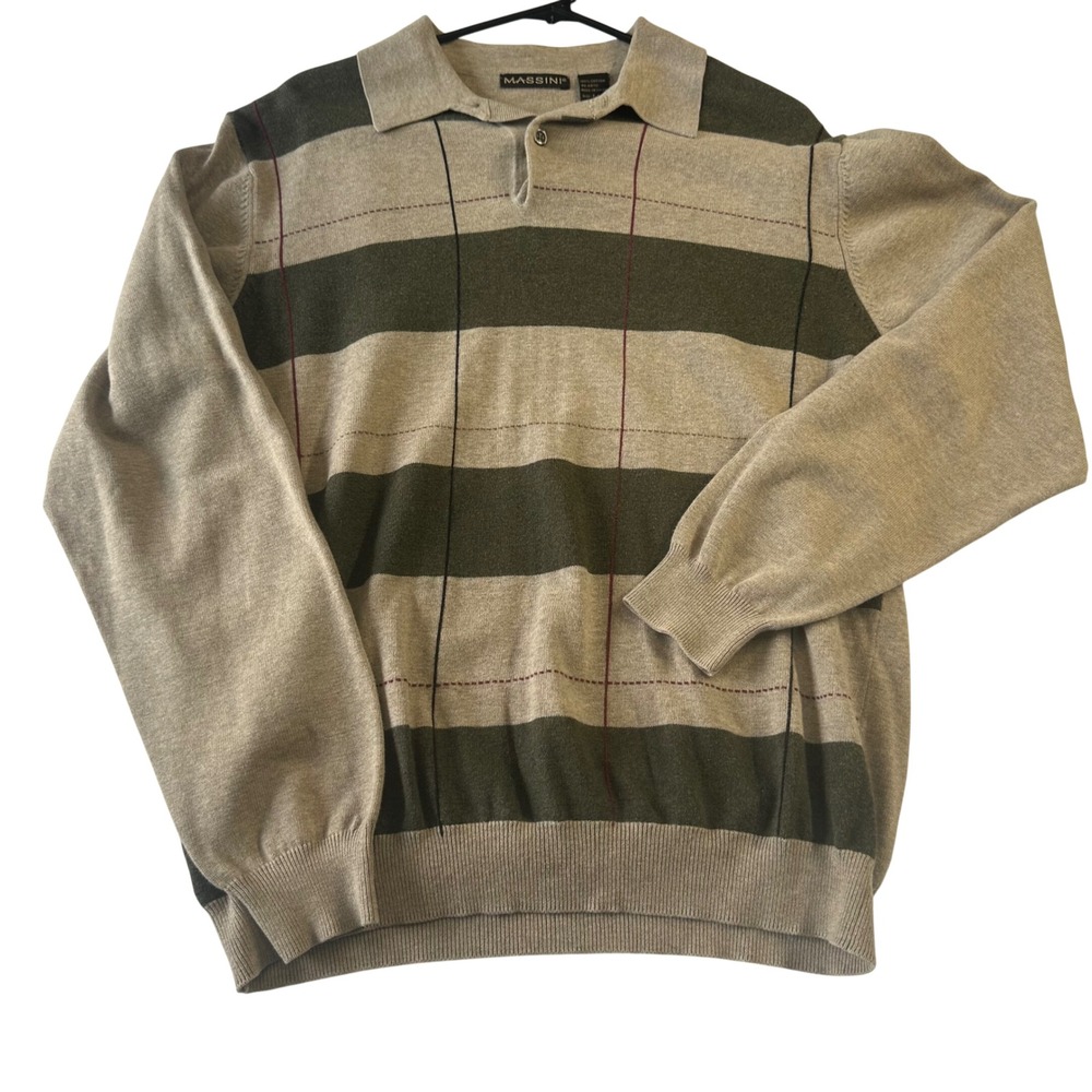 Massini Mens Cotton Striped Long Sleeve Polo Sweater Tan Olive Green Size M
